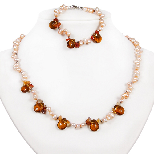 Armkette + Halskette 7081 - Süßwasserperlen & Kristall - zum Schließen ins Bild klicken